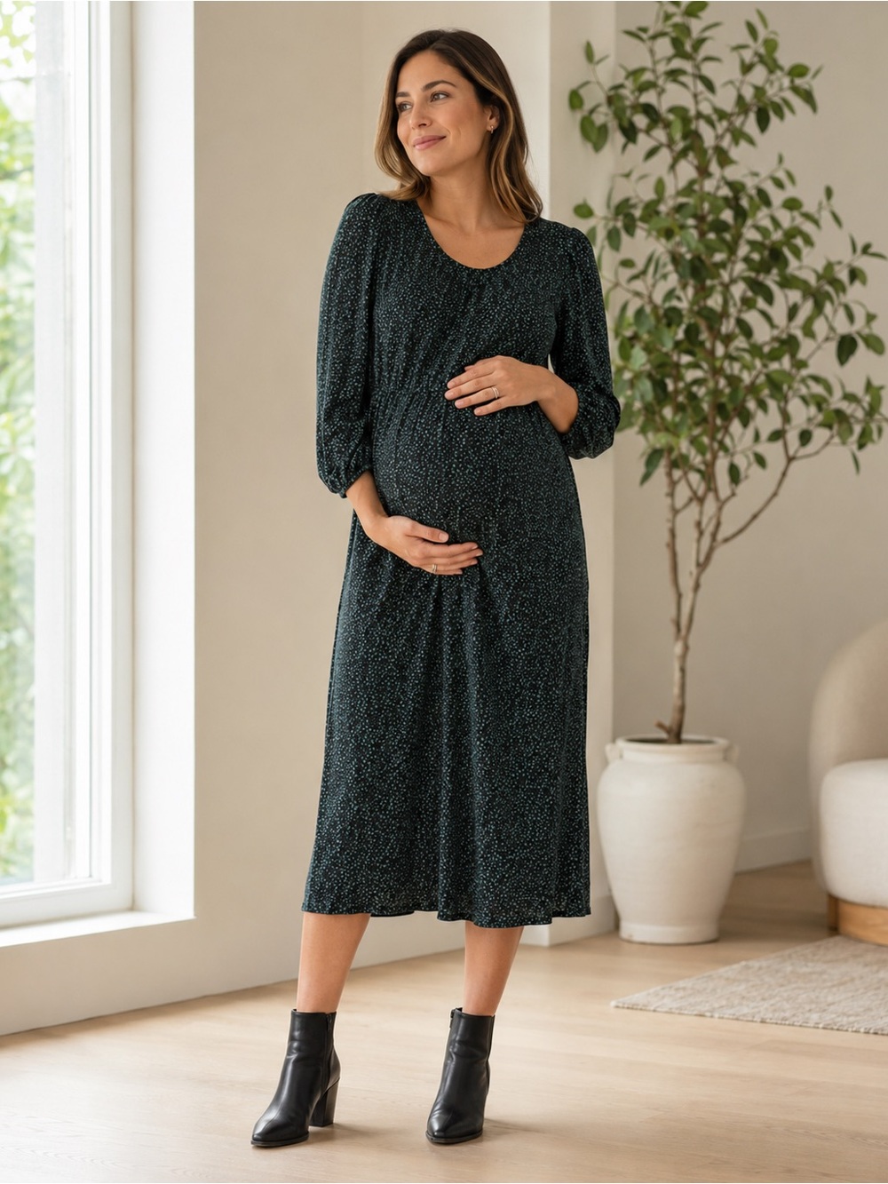 GAP Maternity Green Print Puff Sleeve Midi Dress